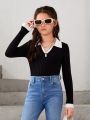 SHEIN Tween Girl Contrast Trim Polo Neck Ribbed Knit Tee