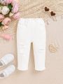 SHEIN New Style White Loose, Comfortable, Ripped, Cute And Fashionable Long Denim Trousers For Babies And Children (Girls)