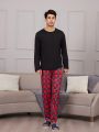 Men'S Solid Color Long-Sleeved Tops Plaid Trousers Home Wear Set