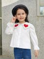 SHEIN Kids KDOMO Toddler Girls' Loose Fit Casual Heart Pattern Embroidery Big Collar Shirt