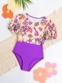 Young Girls' Random Printed Puff Short Sleeve One-Piece Swimsuit