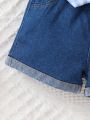 2pcs/Set Spring/Summer Baby Girls' Blue Plaid Flutter Sleeve Tank Top & Washed Denim Shorts Outfit