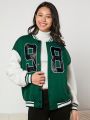 Teen Girl Letter Patched Striped Trim Drop Shoulder Varsity Jacket