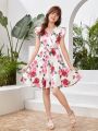 Teen Girl's Elegant Pleated Floral Print Flying Sleeve Dress