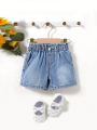 SHEIN Baby Girl's Water Washed Casual, Fashionable, Soft & Comfortable Denim Shorts