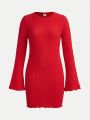 SHEIN Teen Girls' Solid Color Ribbed Knit Round Neck Flare Sleeve Casual Dress