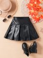 SHEIN Kids CHARMNG Toddler Girls' High Waist Leather-Look Pleated Skirt