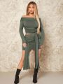 SHEIN SXY Solid Color Off Shoulder Pleated T-shirt And Skirt Set