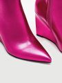 Party Collection Women Metallic Zipper Side Point Toe Boots, Glamorous Hot Pink Wedge Boots For Outdoor