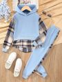 SHEIN Kids QTFun Girls' Casual Solid Color & Plaid Patchwork Two Piece Set For Autumn And Winter