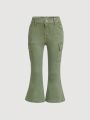 SHEIN Young Girls' High Waisted, Water Washed, Comfy, Soft, Stylish, Flared Jeans With Stretch And Side Pockets, Cargo Style
