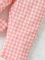 Baby Girls' Pink Checkered Crinkled Collar Set, Long Pants And Long Sleeve Shirt, 2pcs Homewear
