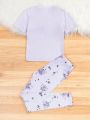 SHEIN Tween Girls' Knitted Dance Girl Printed Round Neck Tight Top With Knitted Skinny Pants Homewear Set