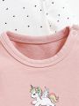 SHEIN 3pcs Newborn Infant Baby Girls' Cartoon Printed Ruffle Edge Round Neck Top Set