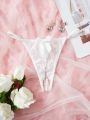 Lace Pearl Detail Bow Front Crotchless Thong