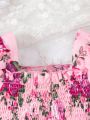 SHEIN Kids QTFun Girls' Woven Floral Square Neck Puff Sleeve Wrap Blouse