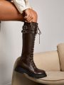 Cuccoo Everyday Collection Double Buckle Decor Lace-up Front Combat Boots