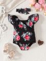 Baby Girl'S Elegant Floral Pattern Vintage Lace Short Sleeve Romper For Summer