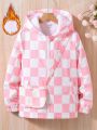 SHEIN Kids EVRYDAY Tween Girl Checker Print Zip Up Thermal Lined Hooded Jacket With Bag