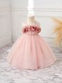 SHEIN Baby Girls' Gorgeous 3d Flower Patchwork Organza Dress With Vest Design