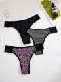 3pcs Women'S Solid Color Leopard Print Triangle Panties