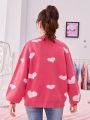 SHEIN Teen Girl Heart Pattern Drop Shoulder Sweater