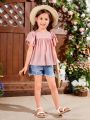 SHEIN Kids EVRYDAY Young Girl's Woven Solid Color Loose Fit Casual Blouse With Ruffle Hem