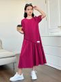 SHEIN Kids EVRYDAY Tween Girls' Solid Color Loose-Fit Casual Puff Sleeve Dress With Round Neck