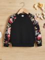SHEIN Kids CHARMNG Girls' Loose Fit Knit Floral Printed Sweater With Raglan Sleeve And Round Neckline