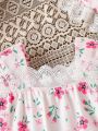 2pcs/Set Comfortable & Quick Dry Baby Girls' Floral Printed Lace Trim Bubble Short Sleeve Buttons With Ruffled Hat, Suitable For Spring/Summer