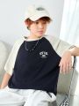 SHEIN Kids KDOMO Tween Boys' Casual Color Block Raglan Sleeve Knit T-Shirt With Letter Print