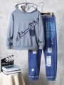 SHEIN Boys' Printed Hoodie And Pants Set With Text Print, For Tween
