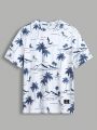 SHEIN Teenage Boys' Casual Vacation Style Coconut Tree & Surfing Printed Short Sleeve Knit T-Shirt With Round Neckline For Beach