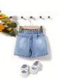 SHEIN Baby Girl's Water Washed Casual, Fashionable, Soft & Comfortable Denim Shorts