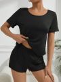 Ladies' Casual Round Neck Pure Color Short Sleeve T-Shirt And Shorts Pajama Set