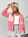 Outdoor Sports Girls' Dual Tone Fleece Jacket With Pink And Red Patchwork, Four Buttoned Front Closure And Pockets - Stylish, Warm, Windproof And Perfect For Hiking, Daily Use, And Commuting