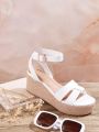 Ladies' Plain Summer White Wedge Sandals With Braid Detail And Thick Sole