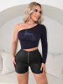 SHEIN SXY Spring Women Clothes High Elastic Leather Lace Dark Pattern High Waist Front Zipper Women'S Tight Shorts