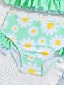 Baby Floral Print Ruffle Hem High Neck Raglan Sleeve Bikini Swimsuit