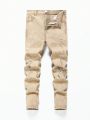 SHEIN Tween Boys' Ripped Frayed Snow Washed Skinny Khaki Denim Jeans ,For Spring And Summer Tween Boy Outfits