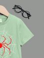 Boys' Spider Print Short Sleeve Casual T-Shirt With Round Neckline, Suitable For Summer