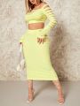 SHEIN SXY Solid Color Off-the-shoulder Long Sleeve Top & Skirt Two Piece Set With Distressed Cut-outs