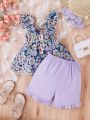 Toddler Girls Floral Print Ruffle Trim Bow Front Top & Shorts