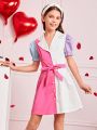 SHEIN Kids FANZEY Teen Girls' Colorblock Suit Collar Bubble Sleeve Detachable Belt Elegant Style Dress