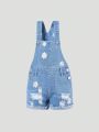 Young Girl Sweet And Cute Flower Embroidery Ripped Denim Overall Shorts