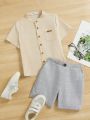 SHEIN Young Boy's Button-Up Shirt With Pockets And Plaid Shorts, Comfortable Casual Two Piece Set
