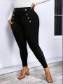 SHEIN LUNE Plus Size Double-Breasted Decorated Skinny Pants