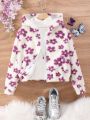 Tween Girl Floral Pattern Drop Shoulder Hooded Teddy Jacket Without Sweater