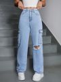 SHEIN Teen Girl Y2K Casual Streetwear Pocket Side Ripped Cargo Jeans