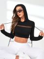 SHEIN Daily&Casual Women's Mesh Patchwork Drawstring Hooded Sweatshirt For Sports